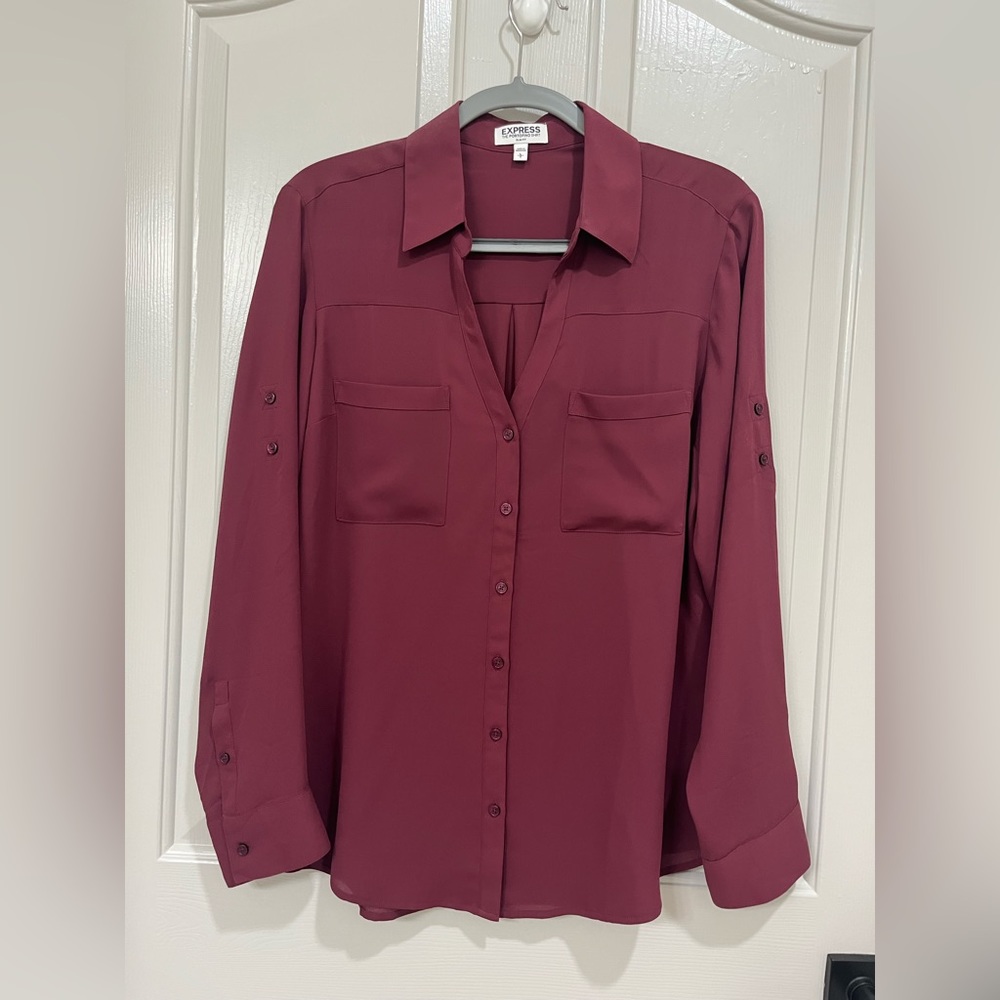 L Express Slim Fit Burgundy Portofino Long Sleeve Button Down